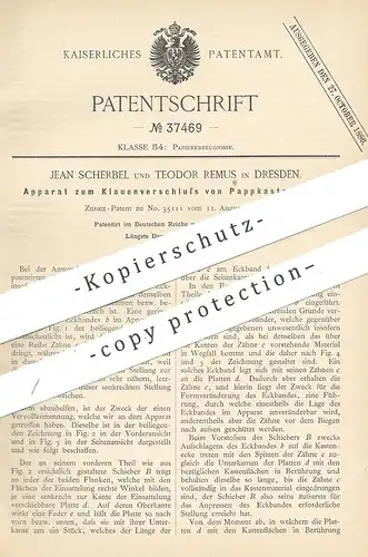 original Patent - Jean Scherbel , Theodor Remus , Dresden 1886 , Klauenverschluss an Pappkastenecken | Pappe , Schachtel