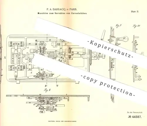 original Patent -  P. A. Darracq , Paris , Frankreich , 1887 , Vernähen von Korsettstäben | Schneider | Korsett , Korset