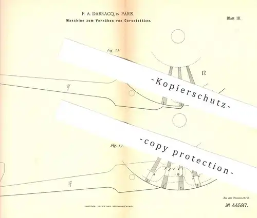 original Patent -  P. A. Darracq , Paris , Frankreich , 1887 , Vernähen von Korsettstäben | Schneider | Korsett , Korset