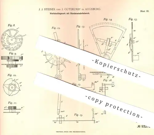 original Patent - J. J. Steiner , J. Gutekunst , Augsburg 1896 , Viertelschlagwerk m. Stundenwiederholwerk | Uhr , Uhren