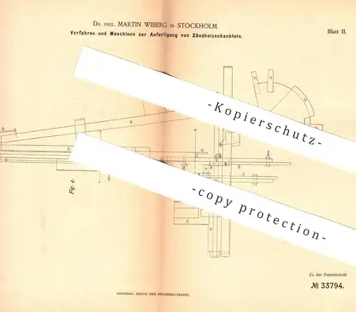 original Patent - Dr. Phil. Martin Wiberg , Stockholm , Schweden | Herst. von Zündholzschachtel | Streichholz Schachtel