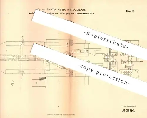 original Patent - Dr. Phil. Martin Wiberg , Stockholm , Schweden | Herst. von Zündholzschachtel | Streichholz Schachtel