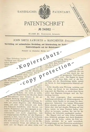 original Patent - John Smith Raworth , Manchester England , 1885 , Verbindung einer Elektrizitätsquelle und Stromleitung