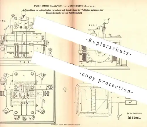 original Patent - John Smith Raworth , Manchester England , 1885 , Verbindung einer Elektrizitätsquelle und Stromleitung