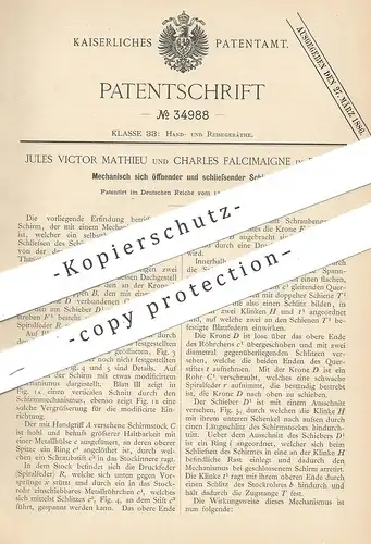 original Patent - Jules Victor Mathieu , Charles Falcimaigne , Paris 1885 , Mechanisch öffnender u. schließender Schirm