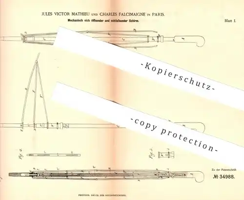 original Patent - Jules Victor Mathieu , Charles Falcimaigne , Paris 1885 , Mechanisch öffnender u. schließender Schirm