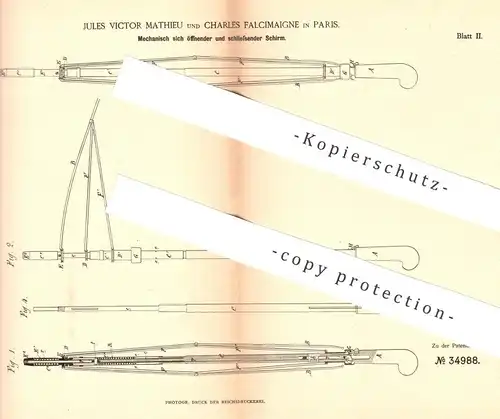 original Patent - Jules Victor Mathieu , Charles Falcimaigne , Paris 1885 , Mechanisch öffnender u. schließender Schirm