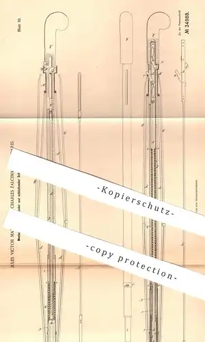 original Patent - Jules Victor Mathieu , Charles Falcimaigne , Paris 1885 , Mechanisch öffnender u. schließender Schirm