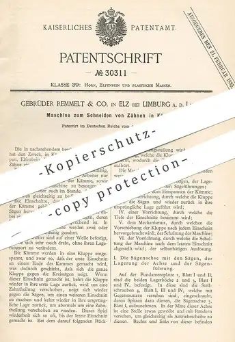 original Patent - Gebrüder Remmelt & Co. , Elz / Limburg / Lahn , 1884 , Schneiden der Kamm - Zähne | Horn , Elfenbein !