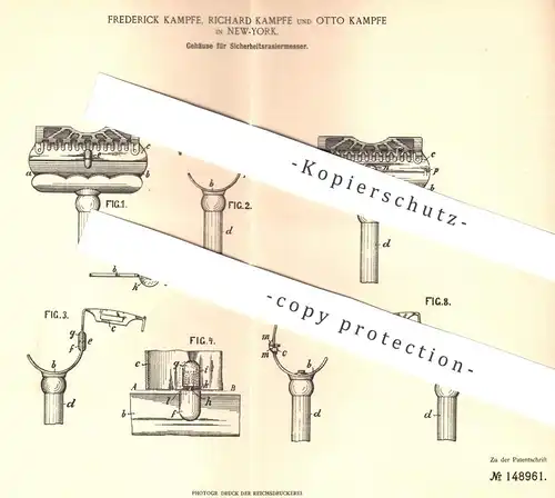 original Patent - Frederick + Richard + Otto Kampfe , New York , 1903 , Gehäuse für Rasiermesser | Rasierer | Messer !!!