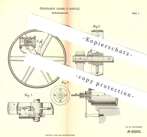 original Patent - Ferdinand Grabe , Danzig , 1892 , Arbeitsmesser | Umdrehungszahl - Messer | Kraftmesser | Welle !!!