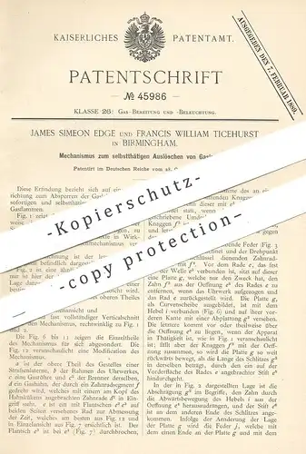 original Patent - James Simeon Edge , Francis William Ticehurst , Birmingham 1887 , Auslöschen von Gaslampen | Gas Lampe