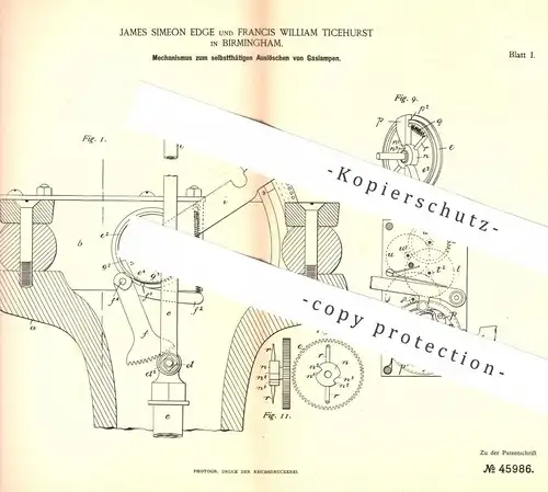 original Patent - James Simeon Edge , Francis William Ticehurst , Birmingham 1887 , Auslöschen von Gaslampen | Gas Lampe