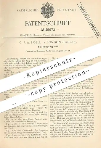 original Patent - C. F. A. Röell , London , England  1888 , Faltenlegeapparat | Stoff , Gewebe , Schneider , Schneiderei