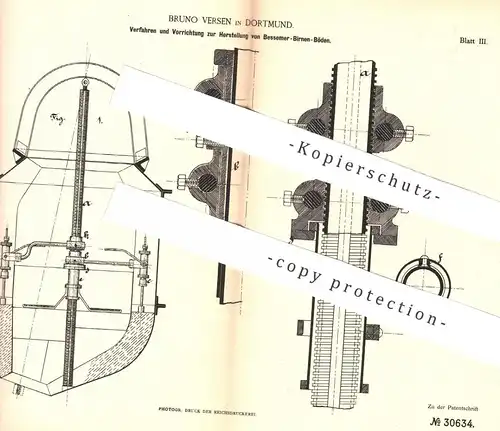 original Patent - Bruno Versen , Dortmund , 1884 , Herstellung von Bessemer - Birnen - Böden | Birnenböden | Eisen !!!