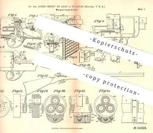 original Patent - Dr. med. James Henry Mc Lean , St. Louis , Missouri , USA , 1882 , Magazingewehr | Gewehr , Waffen !!!