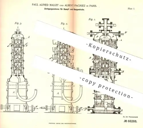 original Patent - Paul Alfred Mallet , Albert Pagniez , Paris , 1891 , Zerlegungskolonne für Dampf- und Gasgemisch | Gas