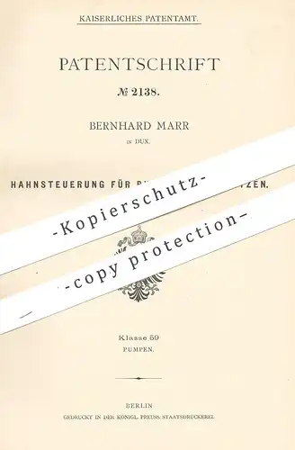 original Patent - Bernhard Marr , Dux , 1878 , Hahnsteuerung für Pumpen und Spritzen | Pumpe , Feuerwehr , Ventil !!