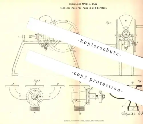 original Patent - Bernhard Marr , Dux , 1878 , Hahnsteuerung für Pumpen und Spritzen | Pumpe , Feuerwehr , Ventil !!