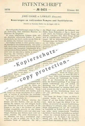 original Patent - John Cooke , Langley , England 1878 , rotierende Pumpen u. Ventilatoren | Pumpe , Ventilator , Gebläse