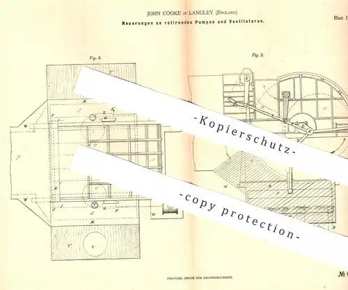 original Patent - John Cooke , Langley , England 1878 , rotierende Pumpen u. Ventilatoren | Pumpe , Ventilator , Gebläse