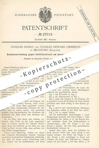 original Patent - Charles Hahlo , Ch. Edward Liebreich , Bradford England , 1883 , Schutz vor Kettfadenbruch am Webstuhl