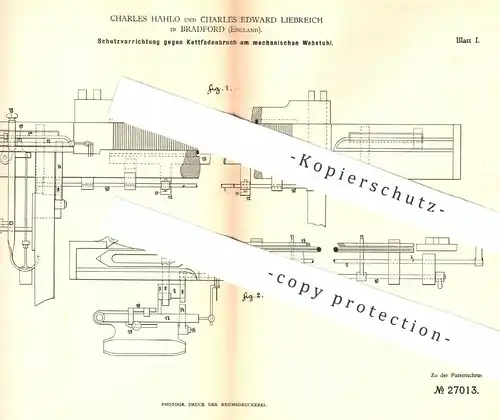 original Patent - Charles Hahlo , Ch. Edward Liebreich , Bradford England , 1883 , Schutz vor Kettfadenbruch am Webstuhl
