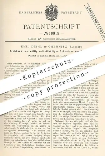 original Patent - Emil Diehl , Chemnitz , 1881 , Drehbank zum Schneiden von Gewinde | Dreher , Metall , Schlosser