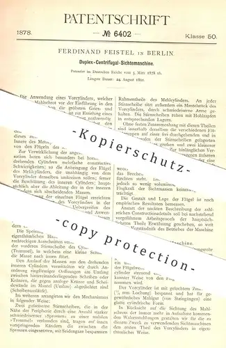 original Patent - Ferdinand Feistel , Berlin  1878 , Duplex - Zentrifugal - Sichtemaschine | Zentrifuge , Mühle , Mühlen