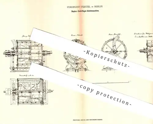 original Patent - Ferdinand Feistel , Berlin  1878 , Duplex - Zentrifugal - Sichtemaschine | Zentrifuge , Mühle , Mühlen