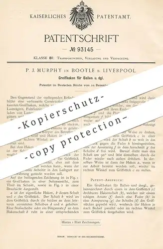 original Patent - P. J. Murphy , Liverpool / Bootle , 1896 , Greifhaken für Ballen | Haken , Fracht , Transport !!