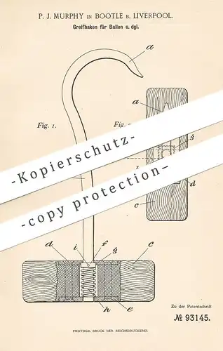 original Patent - P. J. Murphy , Liverpool / Bootle , 1896 , Greifhaken für Ballen | Haken , Fracht , Transport !!