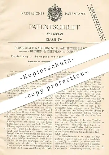 original Patent - Maschinenbau AG , Bechem & Keetman , Duisburg / Rhein , 1903 , Hebetisch am Walzwerk | Walzen , Walze