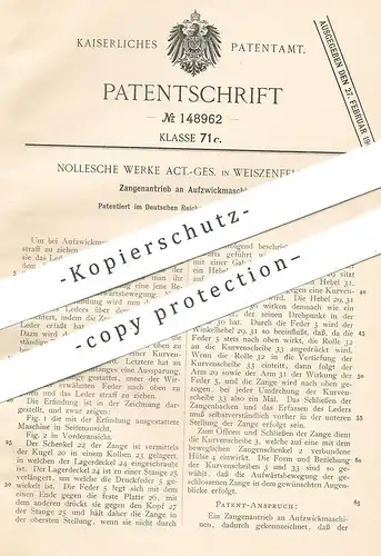 original Patent - Nollesche Werke AG , Weißenfels , 1902 , Zangenantrieb an Aufzwickmaschinen | Leder , Sattler !!!