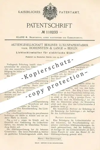 original Patent - AG Berliner Luxuxpapierfabrik | Hohenstein & Lange , Berlin , 1899 , Lichtschirmhalter für Glühlampen