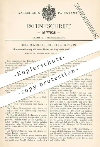 original Patent - Frederick Robert Bodley , London , 1894 , Schraubensicherung mit Splint | Schrauben | Werkzeug !!