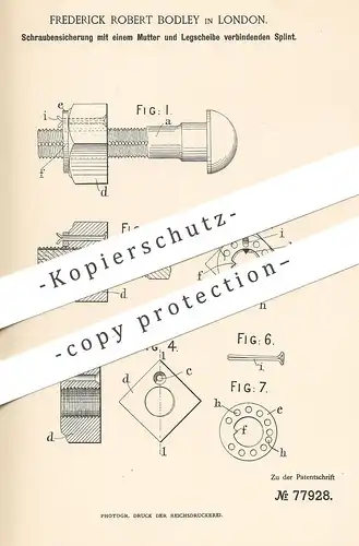 original Patent - Frederick Robert Bodley , London , 1894 , Schraubensicherung mit Splint | Schrauben | Werkzeug !!