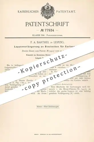 original Patent - F. A. Barthel , Leipzig , 1894 , Verlängerung an Blechecken für Kartonage | Karton , Pappe , Schachtel