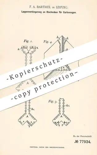 original Patent - F. A. Barthel , Leipzig , 1894 , Verlängerung an Blechecken für Kartonage | Karton , Pappe , Schachtel