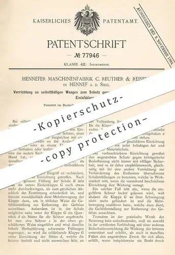 original Patent - Hennefer Maschinenfabrik C. Reuther & Reisert , Hennef / Sieg , 1893 , Schutz an Waagen | Waage !!!