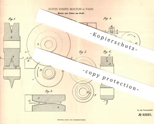 original Patent - Justin Joseph Mouton , Paris , 1896 , Walzen zum Ziehen von Draht | Drähte , Blech , Metall , Walze !