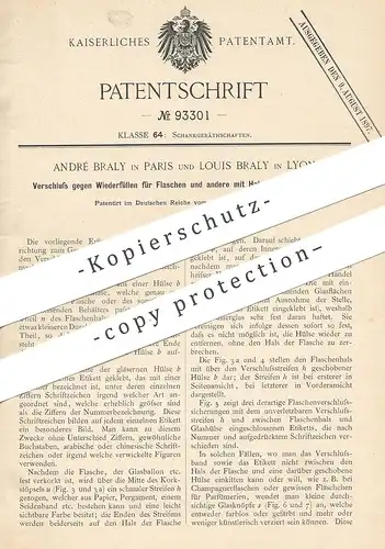 original Patent - André Braly , Paris | Louis Braly , Lyon , Frankreich  1896 , Flaschen - Verschluss | Korken , Flasche