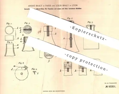 original Patent - André Braly , Paris | Louis Braly , Lyon , Frankreich  1896 , Flaschen - Verschluss | Korken , Flasche