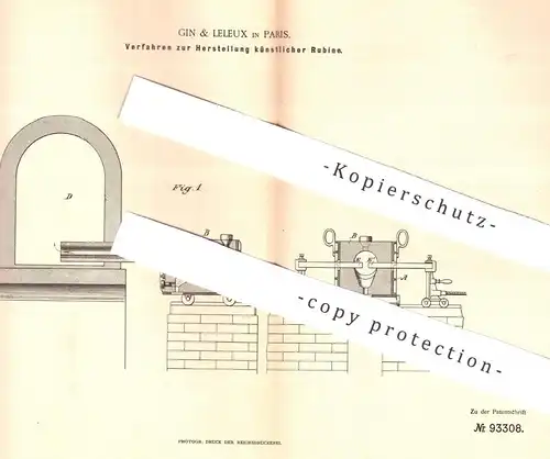 original Patent - Gin & Leleux , Paris , 1896 , Herstellung künstlicher Rubine | Rubin | Edelstein , Kristall , Chemie !