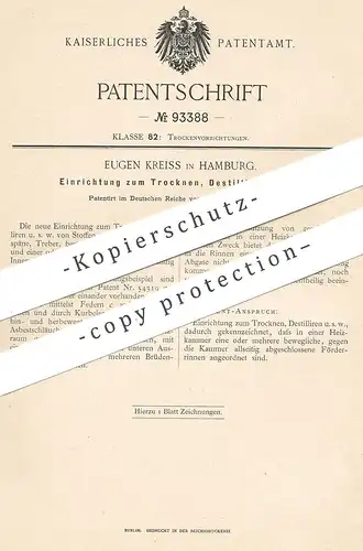 original Patent - Eugen Kreiss , Hamburg , 1896 , Einrichtung zum Trocknen , Destillieren | Destille , Destillation !!!