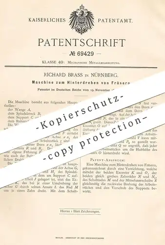 original Patent - Richard Brass , Nürnberg 1892 , Hinterdrehen von Fräsern | Fräse , Fräsen , Drehbank , Dreher , Metall