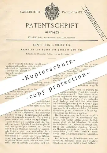 original Patent - Ernst Rein , Bielefeld 1892 , Schneiden genauer Gewinde | Metallgewinde , Metall , Schraube , Werkzeug