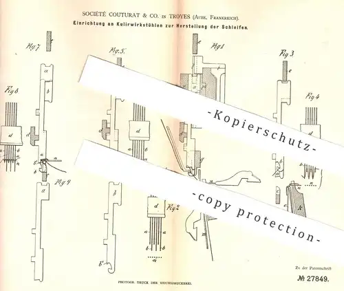 original Patent - Société Couturat & Co. , Troyes , Aube , Frankreich , 1883 , Herst. von Schleifen am Kulierwirkstuhl !