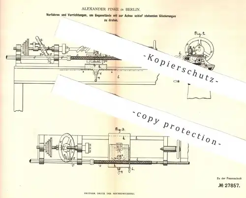 original Patent - Alexander Pinke , Berlin , 1884 , Drehbank | Drehen , Dreher | Holz , Werkzeug , Tischler , Drechseln