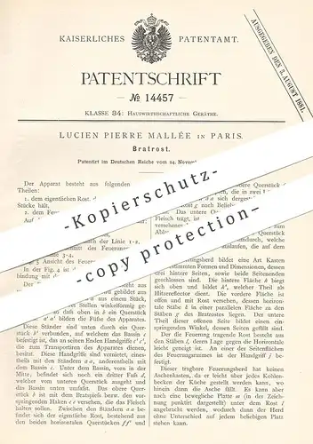 original Patent - Lucien Pierre Mallée , Paris , 1880 , Bratrost | Rost zum Braten | Herd , Kochherd , Backofen , Ofen